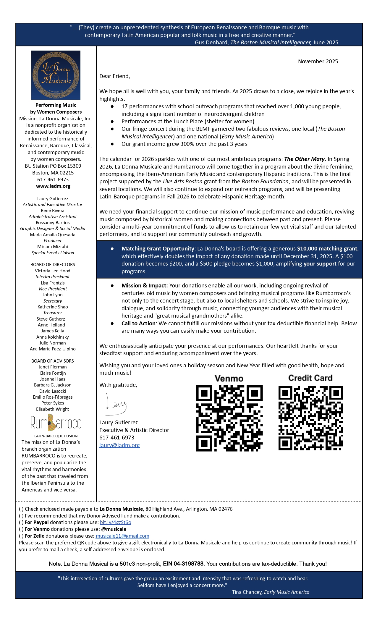 Donation Letter - La Donna Musicale/ RUMBARROCO
